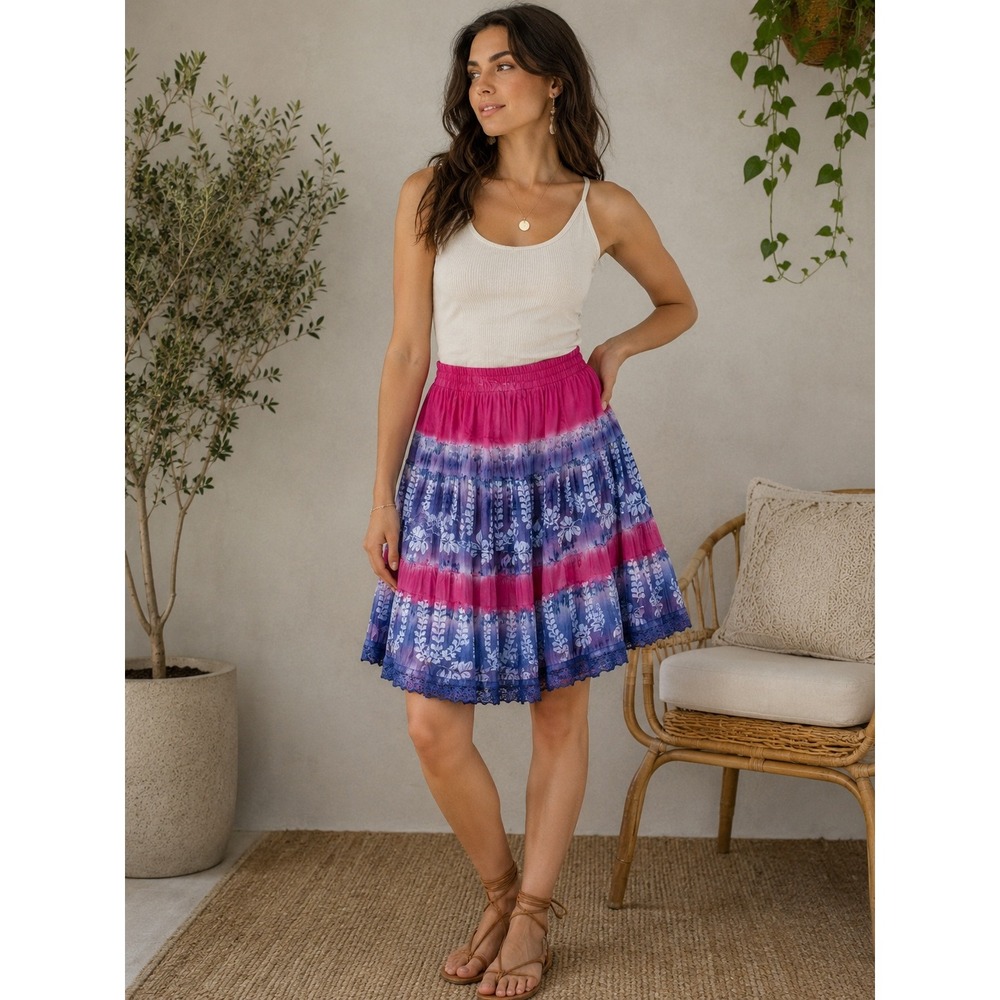 Lola P Pink Purple Tie Dye Cotton Tiered‎ Boho Skirt Medium Lace Trim Botanical